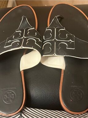 Tory Burch Black and White Logo Slide Sandals with Tan Trim ⭐️SOLD⭐️